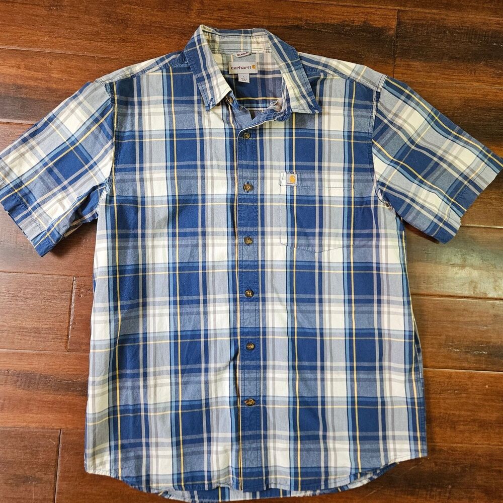 Carhartt Men's Relaxed Fit Plaid Button Down Shirt Short Sleeve Blue White